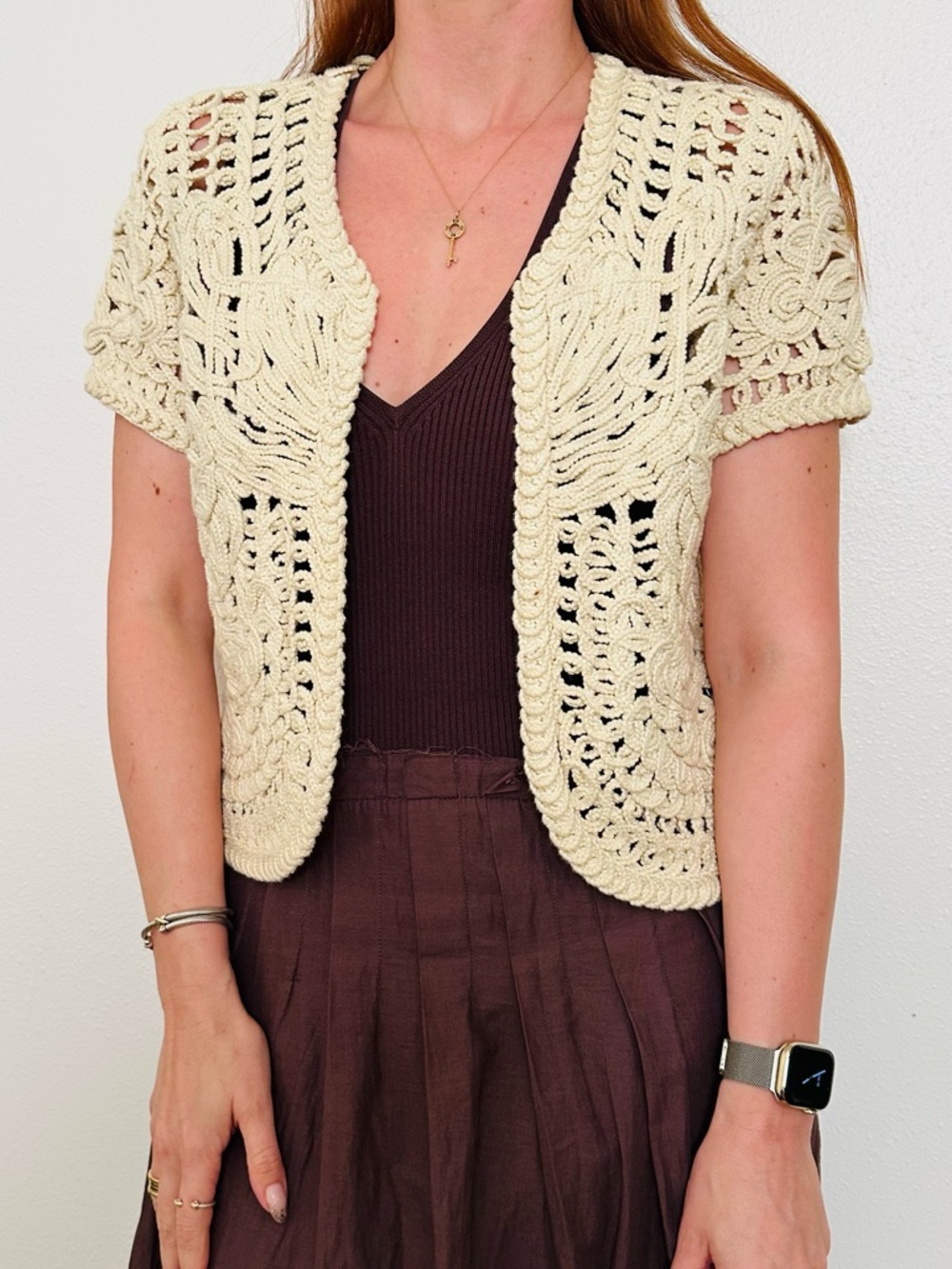 Vintage Crochet Knit 100% Cotton Open Front Bolero Short Sleeve Cardigan Vest